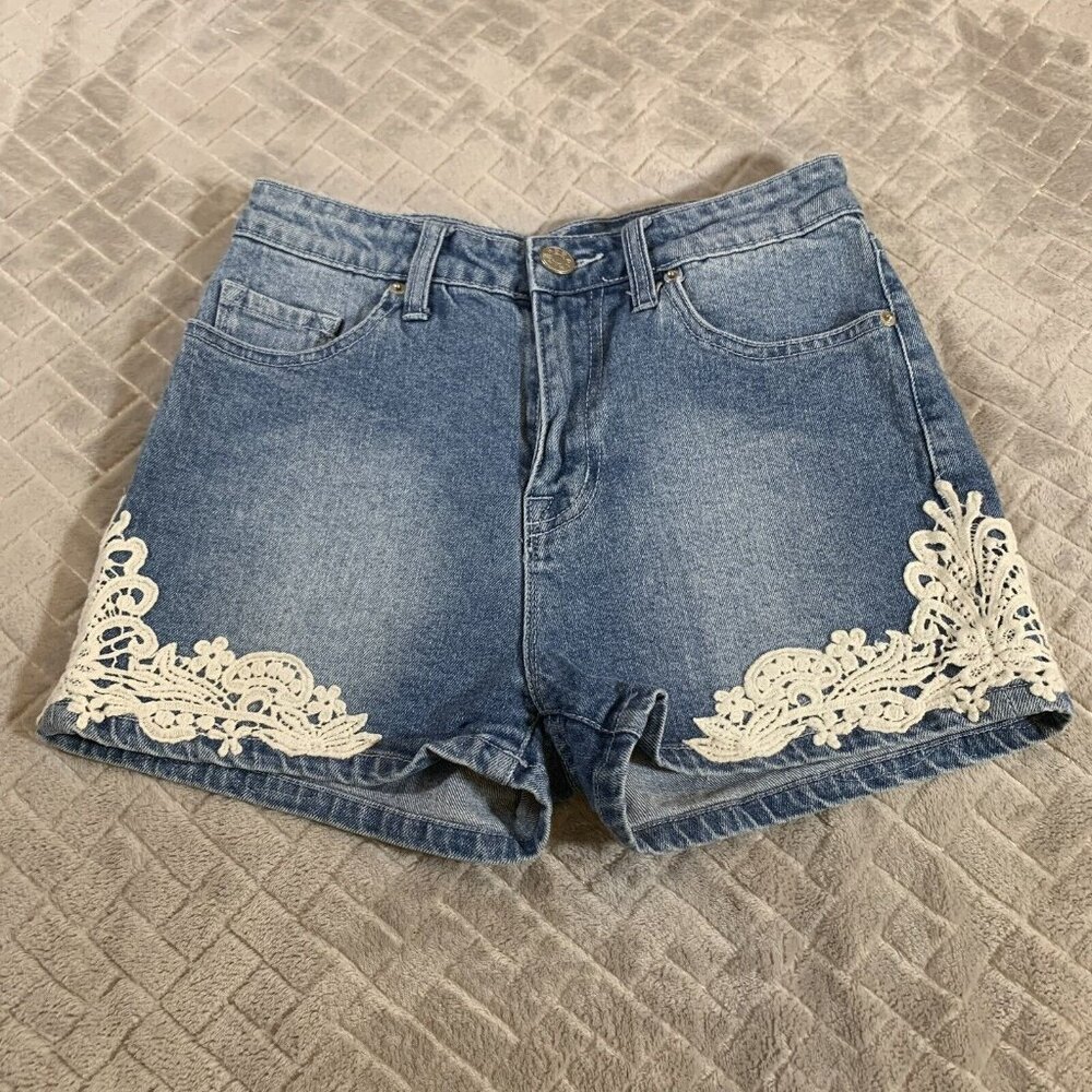 BDG Womens 25 Denim Jean Short Shorts Blue Erin Crochet Embroidered Mid Rise